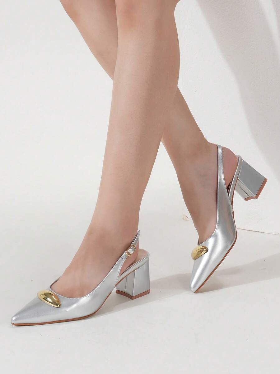 女式简约后绑带性感派对高跟鞋，时尚金属装饰粗跟尖头黑色高跟鞋，适合圣诞节、新年、秋冬婚礼、户外度假 - 銀色 - 查看 1