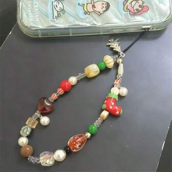 手工串珠挂绳，短款创意DIY圣诞风格，多功能手机壳/包包吊坠