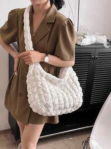 通勤风云褶皱大包休闲轻盈大容量斜挎包 - 白色 - 查看 6