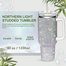 1pc 40 Oz Tumbler With Handle And Straw Lid, Studded Bling Diamond Tumbler, Stainless Steel Insulated Water Cup, Double Wall Travel Mug Fix For Car Cup Holder For Women - 白色 - 查看 2