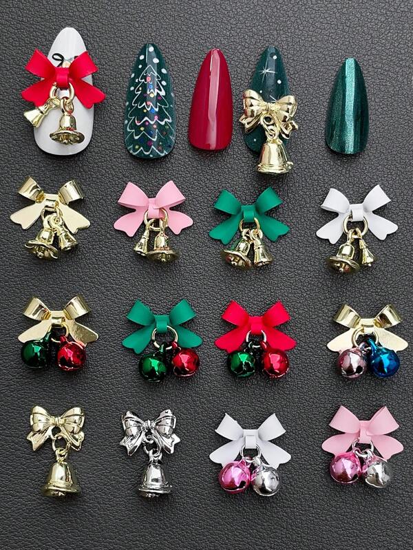 15/30 قطعة مزيج من أجراس عيد الميلاد الفاخرة والراقية باللونين الأحمر والأخضر، زينة أظافر من سبائك معدنية ثلاثية الأبعاد بشكل فيونكة وسماعات، ديكورات أظافر DIY هدية للبنات، أحجار كريمة للأظافر ولوازم الأظافر لتزيين متنوع للأظافر والهواتف والأحذية والملابس والحقائب والأعمال اليدوية
