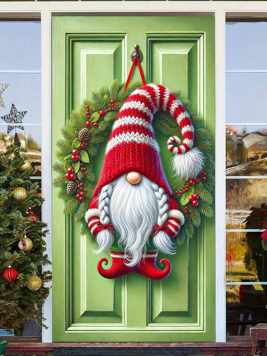 1 Stück Weihnachts-Tür-Abdeckung mit rotem Lastwagen im Winterstil, charmanter Polyester-Rechteck-Tür-Dekor mit schneebedeckter Kirche, Kranz & festlichen Geschenkdetails, leicht & einfach zum Aufhängen, Feiertags-Wanddekoration für Innen/Außen Weihnachtsfeierlichkeiten, ideal für Vordertür-Verzierung, Heimdekoration & Weihnachtsparty-Zubehör