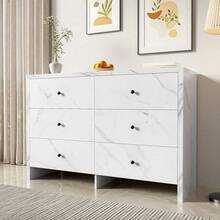 Sideboard, Eleganter Aufbewahrungsschrank mit Marmor-Optik, 120 cm, 6 Schubladen und schwarzem Holzgriff, Anti-Kipp-Vorrichtung - Modernes Möbelstück für Ihr Zuhause