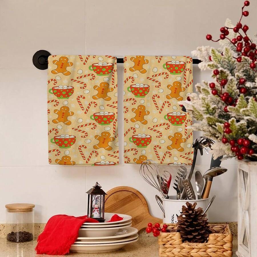 2/4/48 piezas Toallas de cocina vintage navideñas - Ultra suaves y absorbentes de poliéster con diseños de hombres de jengibre, bastones de caramelo y tazas de bebidas calientes - Perfectas para decoración navideña y regalos de Año Nuevo, decoración de cocina y fiestas - Multicolor - Ver 1
