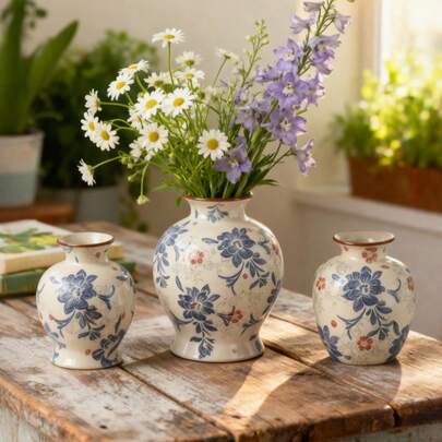 1pc Hand-Painted Vintage Blue And White Ceramic Vase - Decorated With A Countryside Cottage Floral Pattern, Suitable For Flower Arrangements, Perfect
