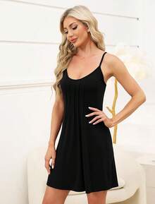 Camisón Sin Mangas para Mujer, Camisones De Algodón Sin Mangas para Mujer, Vestido Halter De Dormir, Ropa De Dormir Sexy, con Cuello En V, Camisón Corto,Holgado, Suave - Negro - Ver 1
