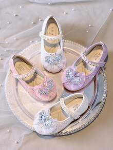 1 双女童软底闪亮蝴蝶水钻公主鞋，时尚百搭，适合日常穿着和装扮 - 粉色 - 查看 6