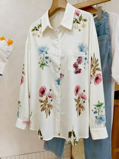 Chic Ladies Long Sleeve Shirt Collar Blouse With Colorful Floral Print Design And Button Front Closure