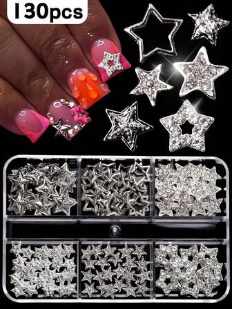 130 piezas Nuevo estilo Y2k Accesorios de arte de uñas de metal plateado con rhinestones en forma de estrella de mar y pentágono, accesorios decorativos de aleación de uñas 3D glamorosos con parches de pentágono, decoraciones de uñas falsas hechas a mano para manualidades de arte de uñas, decoraciones de estilo punk de metal pesado, rhinestones y decoraciones, caja de regalo de joyería de uñas con gemas.