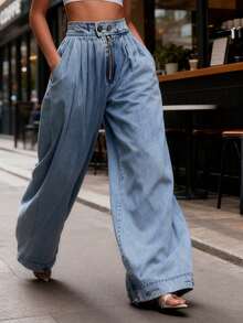 Women Harem Denim Pants Causal High Waist Wide Leg Baggy Solid Color Trousers With Pockets - 藍色 - 查看 6