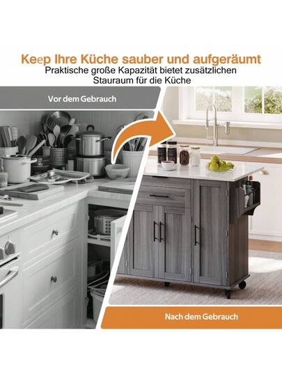 120*45cm, Mobile Kitchen Isl Trolley, Worktop Extends Up To 70cm, Hidden Cutlery Drawer, Adjustable Shelves, Spice Rack Towel Holder, Kitchen, Dining Room Or Living view 6