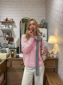 Suéter de punto suave con cuello redondo, mangas largas y hombros caídos, de color liso y diseño minimalista en amarillo pálido y rosa. Tiene un estilo relajado y apropiado para primavera/otoño, para uso casual, ir al trabajo o tomar el té por la tarde. - Rosa - Ver 3