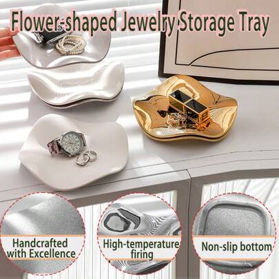 1 قطعة صينية عرض مجوهرات بشكل زهرة غير متماثلة، خزف مطلي كهربائيًا كريم فاخر لدعائم التصوير الفوتوغرافي