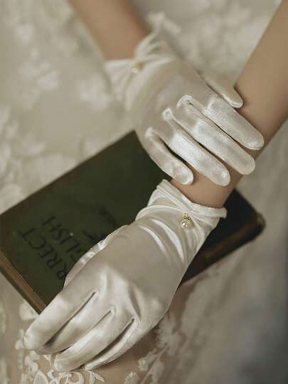 1 Pair Wedding Accessories Bridal Gloves, Elegant Short Satin Gloves In Black, White, Red, Suitable For Wedding Dress, Qun Kwa