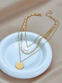 1 Peça Colar de Disco Redondo de Aço Inoxidável de Camada Dupla, Banhado a Ouro