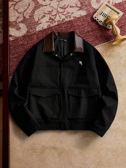 Men's Woven Fashion Casual Loose Open Front Patchwork Jacket, Everyday Wear For Young, School