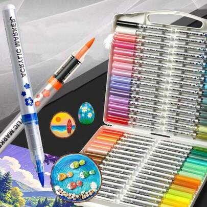 12/18/36/48 Colors Straight Liquid Acrylic Paint Marker Pens With Soft Brush Tip - Non-Bleeding, Layerable, For Fabric, Canvas, Rock,Stone