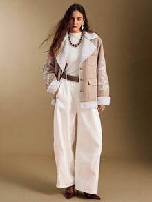 Simplee Women's Spring New Delicate Embroidered Suede Jacket, Front Button Closure, Long Sleeve - Light Beige - View 8