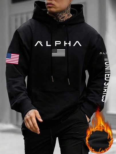 男士连帽衫，印有英文标语和图案，保暖内衬，时尚街头风，秋冬季长袖上衣