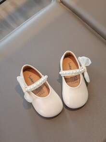 1 Pair New Baby Girls' Pearl Bow PU Hook And Loop Design Princess Style Flat Shoes, Pink, Suitable For Spring/Autumn - Beige - View 8