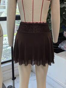 Women Lace Patchwork Brown Mini Skirts Y2k Ruffle Layered Pleated Fairy Short Skirts Flowy Mesh Sheer Low Rise Frilly Skirt - 粉色 - 查看 6