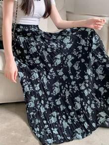 Woven Maxi Skirt, Bohemian Style, A-Line Silhouette, Ruffle Hem, Printed Pattern Vacation - Black - View 4