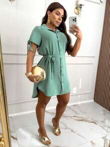 SHORT CHAMISE, TIE-UP SLEEVES, WITH BELT, SHIRT DRESS - Mint Green - View 3