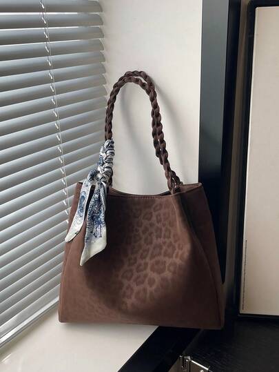 New Autumn/Winter Vintage-Inspired Suede Tote Bag Features A Silk Scarf Accent Spacious Yet Lightweight Minimalist Design Soft-Sided Shoulder Bag Ideal For Women's Daily Casual Wear, Commuting, Work, Vacations, And Student Use