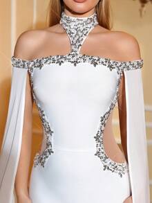 Love Aing Vestido de mujer elegante con adorno de rhinestone de Love Aing, vestido de capa blanco largo de manga larga y cuello alto ajustado, vestido de gala formal para boda, fiesta, banquete