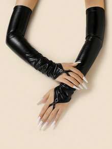 1 Pair Women's Halloween Faux Leather Sexy Fingerless Long Gloves, Punk Costume Party Formal Gloves