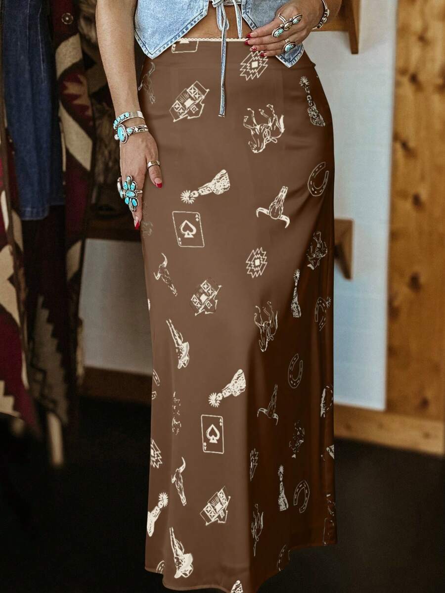 Acelitt 女士米色西部风格野马印花缎面紧身半身裙，四季皆宜，适合春季度假 - 棕色 - 查看 1