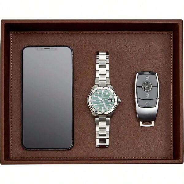 Valet Tray For Men Nightstand Organizer EDC Tray For Wallet And Keys Dresser Leather Catchall Dump Key Tray Bedside Table Tray Organizer Key Bowl For Entryway Table Dark Brown