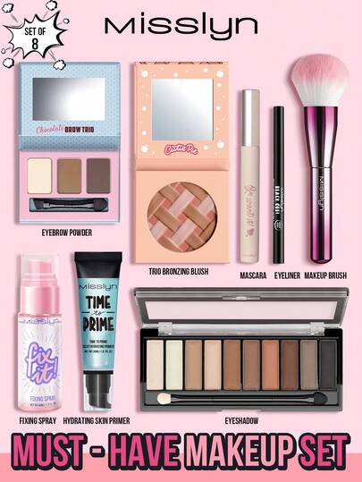  MISSLYN 8件套必备彩妆套装，情人节礼物，包含眉粉、三合一修容腮红、睫毛膏、眼线笔、化妆刷、定妆喷雾、妆前乳、眼影盘 - 全套面部彩妆，持久妆效