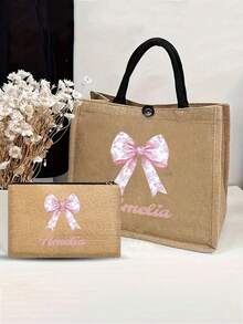 Customized Linen Tote Bag Set, Pink Bow Pattern, 3 Styles Available: Tote Bag + Small Pouch, Beach Vacation Bag, Shopping Bag, Large Capacity Storage Bag, Reusable Tote Bag, Suitable For Business Travel, Tourism, Picnic, Photography, And Also An Excellent Gift For Various Holidays And Birthdays. - Black - View 8