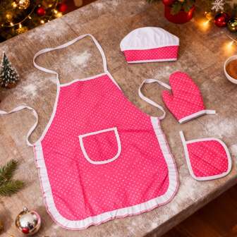 1 套儿童波尔卡圆点围裙烹饪玩具套装，男孩女孩厨房烘焙角色扮演体验，家庭互动，圣诞节派对礼物