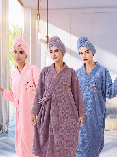 2件套女士浴巾干帽套装水疗系带浴袍卡通刺绣短袖珊瑚绒披肩浴袍家居浴室装饰夏季返校