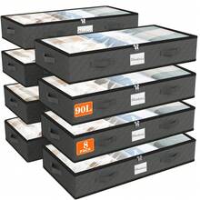 8PCS 90L Under Bed Storage Containers, 6-Pack Storage Bins With Clear Top, Foldable Closet Organizers And Storage With Label Holder For Clothing, Blankets, Comforter & Pillows (Grey) Brand: SpaceWhisper - Light Grey - View 8