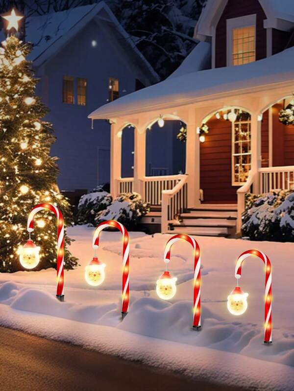 1Set 4pcs Solar-Powered Santa Claus Cane Lights LED Holiday Decorative Stakes With Santa Claus, Warm Light Festive Lighting For Christmas & Garden Celebrations, Solar Lights For Yard(No Batteries)