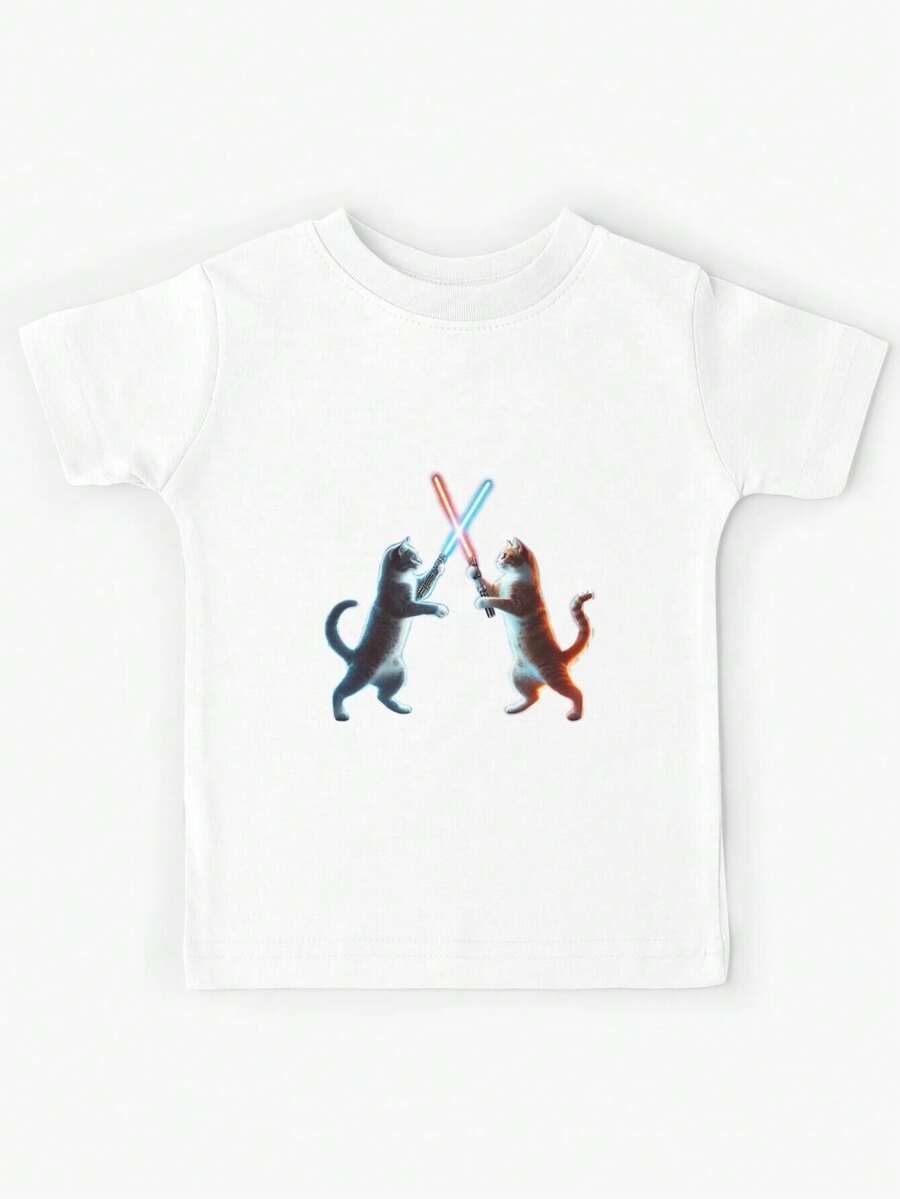 Kids' Wars Inspired LightSabers Duel T-Shirt - Boys & Girls Tee With Red & Lightsabers Graphic, Round Neck Casual Playwear For Birthday Parties, Themed Events & Everyday Outfits - Soft Breathable Fabric For All-Season Comfort Ideal Gift For Fa - White - View 1