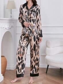 Set de pijamale pentru femei cu imprimeu leopard, cu buzunare în față și nasturi în față, mânecă lungă, toamnă/iarnă, haine de toamnă