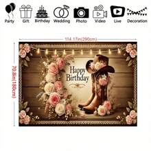 1 pieza Pancarta de fondo con botas de vaquero estilo occidental, hecha de poliéster, sombrero de vaquero floral, grano de madera vintage, flores rosas y blancas con follaje verde, texto de feliz cumpleaños, decoración para fiesta de boda campestre, telón de fondo para fotografía, decoración para eventos interiores y exteriores, accesorios para photocall, reutilizable, lavable, durable - Multicolor - Ver 11