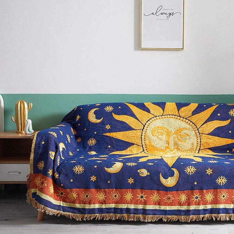Sun And Moon Stars Hippie Throw Blanket Celestial Tapestry Doublesided Reversible Woven Cotton Home Decor Bedding Chair Couch Recliner Cover Loveseat Rug Oversized Tassels Blue Yellow 91x71