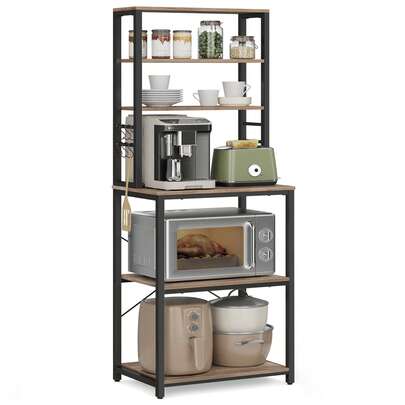 Kitchen Storage Rack, Coffee Bar, Baker's Rack, Total 6 Shelves And 6 Hooks, For Microwave, Steel Frame, Industrial, Greige And Black