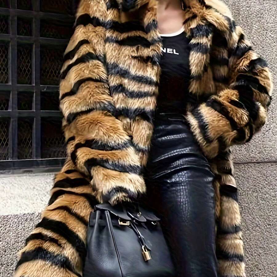 Autumn And Winter Warm Artificial Fur Coat, Warm Patchwork Jacket - 虎紋皮草 - 查看 1