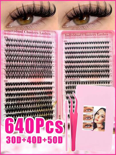 640Pcs Individual Cluster Lashes 30D/40D/50D Mixed Volume, 9-16mm Fluffy Wispy Hybrid Lengths (Natural/Dramatic Look), Includes Pink Tweezers & Lash Brush | DIY Extension, Cruelty-Free, Reusable, Easy To Apply For Beginners, Salon Quality, Soft Black Band, Lightweight Comfort, D Curl, Perfect For Daily/Wedding/Party/Photoshoot