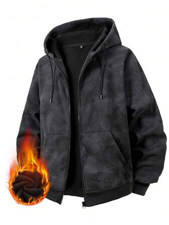 Men's Casual Hooded Sweatshirt With Drawstring, Loose Fit, Full Zip Design, Pocket, Grey Tie Dye Pattern, Suitable For Everyday Casual Wear, Spring/Autumn, Long Sleeve Top