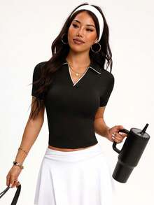1pc Women's Solid Color Black Polo Shirt With White Contrast Trim, Stretchy Fabric - Black - View 3