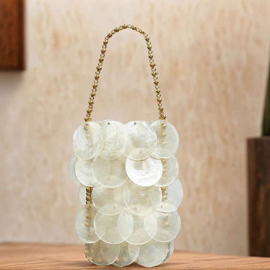 Women Fashion Shell Woven Handbag Chic Shell Beach Bag Beaded Chain Bag For Summer Travel Beach Party - 白色 - 查看 1