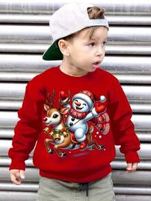 KID004Boys' Christmas Snowman & Reindeer Print Sweatshirt, Polyester 100% Crew Neck Long Sleeve Pullover, Casual FallWinter Knitwear with Applique Detail, Slight Stretch Regular Fit - Rojo - Ver 1