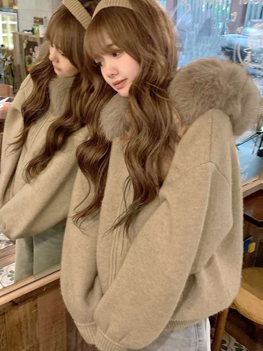 韩版高端蓬松领连帽针织开衫女宽松休闲外套秋冬 - 卡其色 - 查看 1